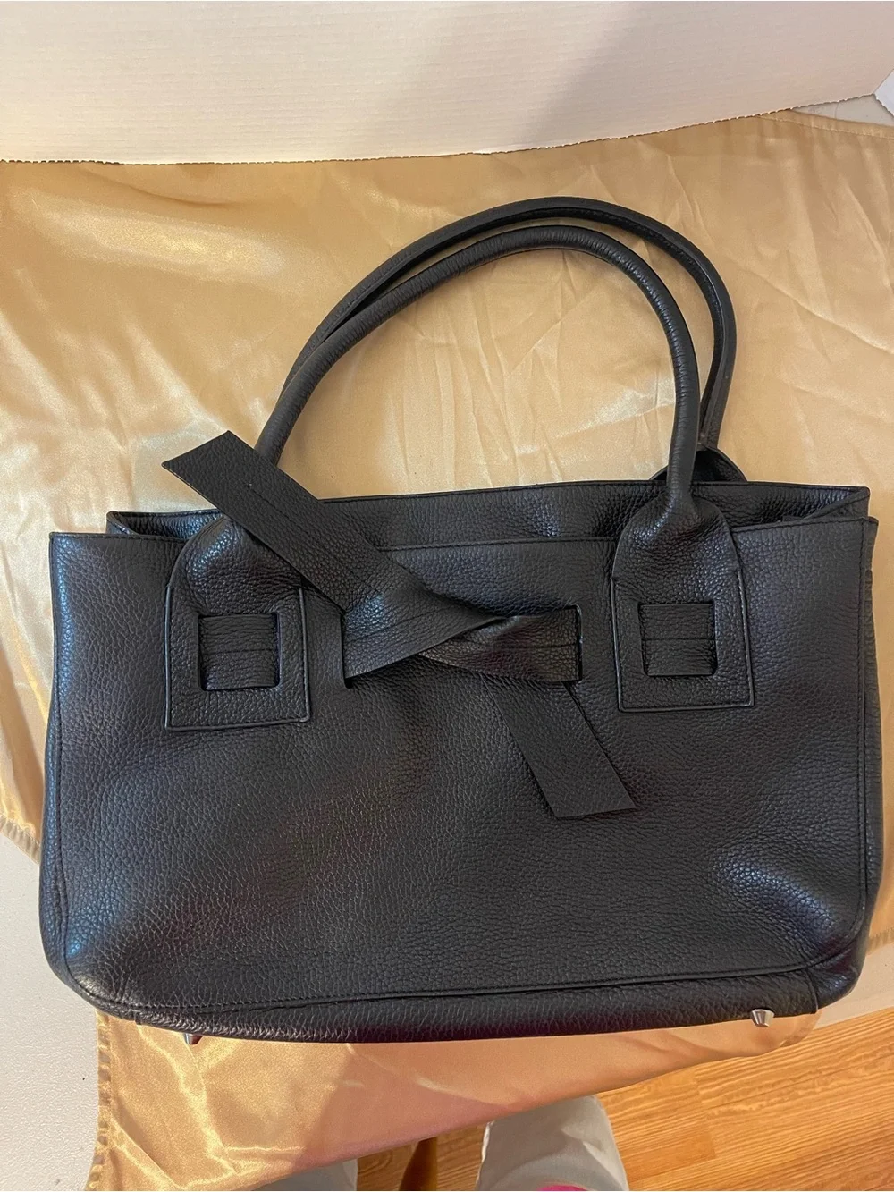 Classic Black Leather Hobo Tote with Front Knot Detail